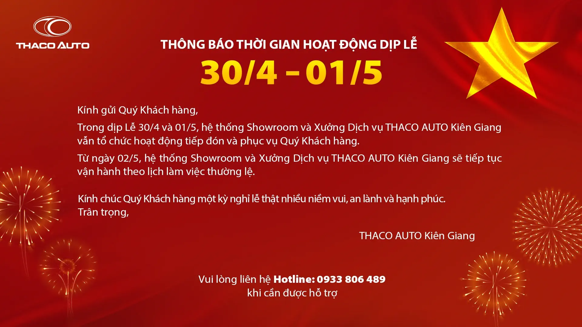 THÔNG BÁO THỜI GIAN HOẠT ĐỘNG DỊP LỄ 30/4 - 01/5