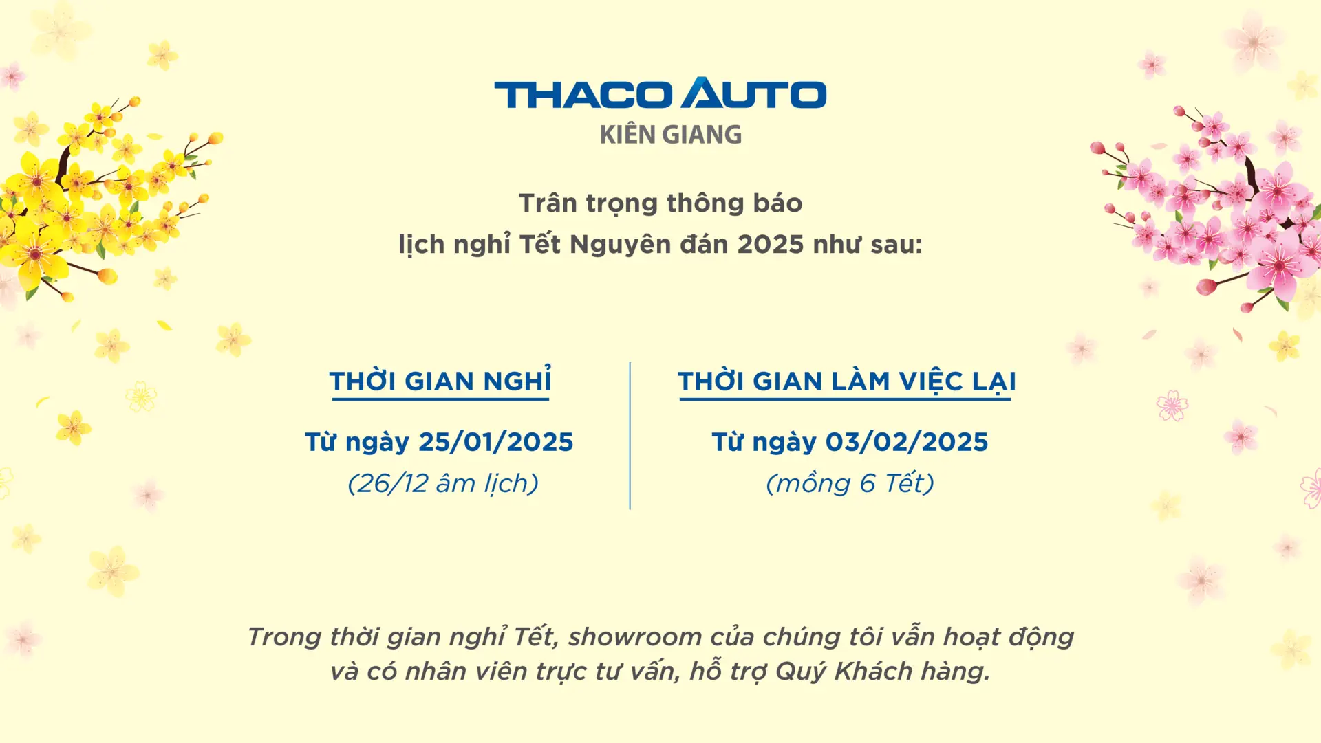 THACO AUTO Kiên Giang trân trọng thông báo lịch nghỉ Tết Nguyên đán 2025